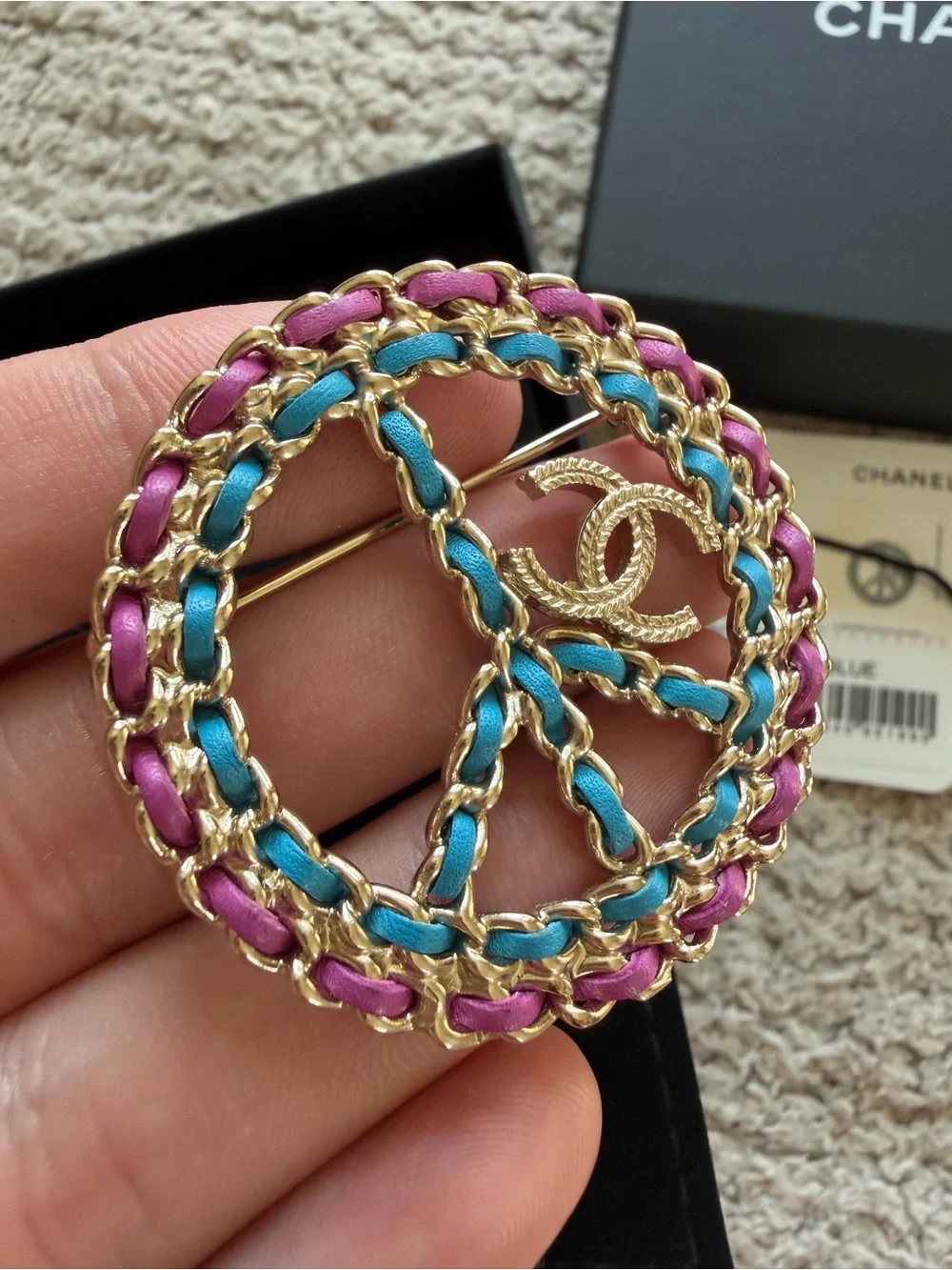 CHANEL Gold-Tone Multicolor Peace Sign Brooch - Pink, Purple, Blue